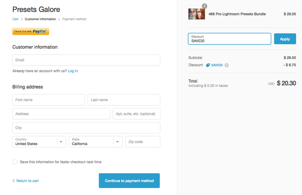Check out with PayPal and discount code.