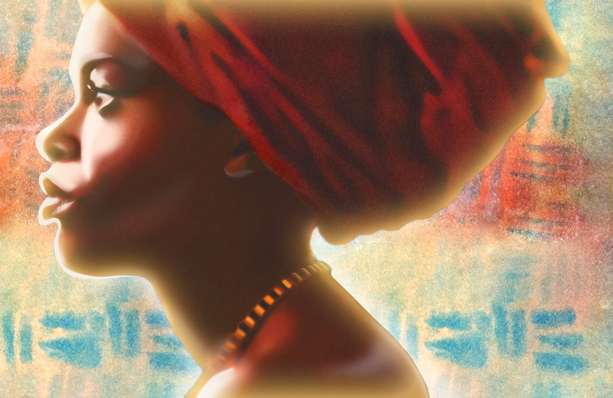 Free download of beautiful Black woman wearing a head wrap with a colorful stylized textured background